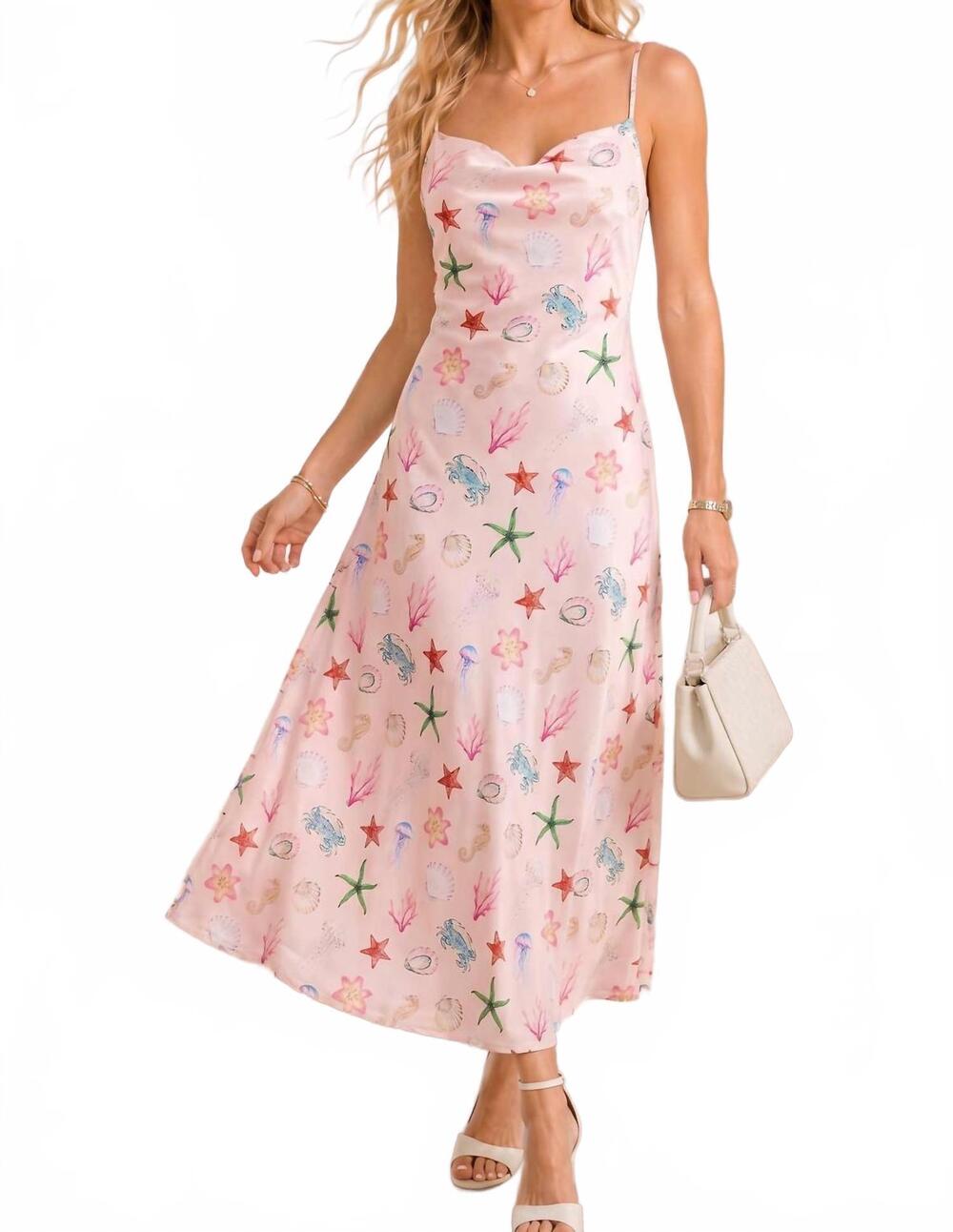 NEW MAIN STRIP seashell coastal print slip midi dress in blush
